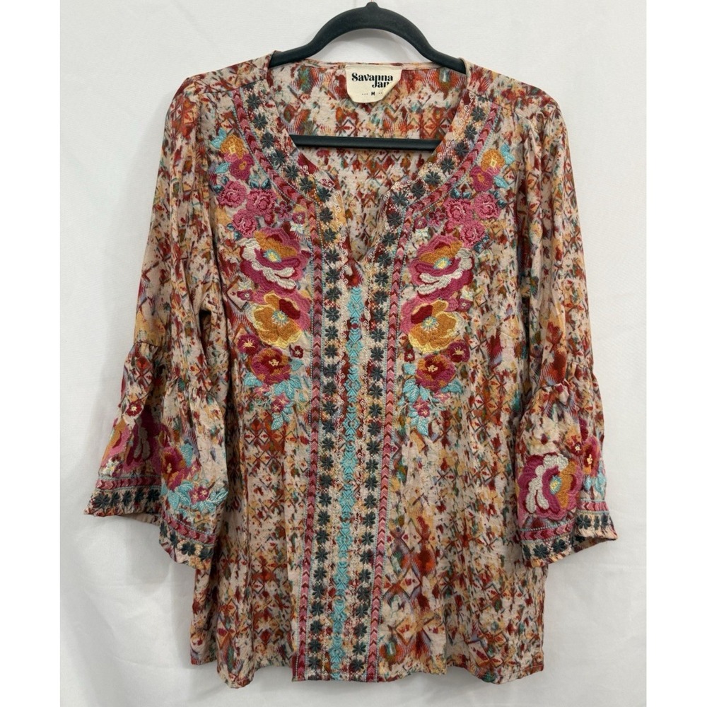 Savanna Jane Floral Embroidered Bell Sleeve V Neck Top Shirt Womens Size M